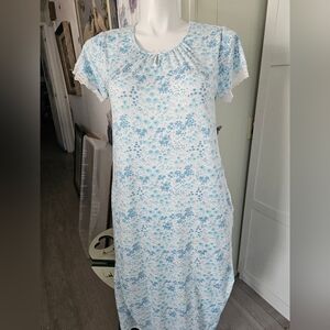 Elizabeth & Nicole Floral Nightgown Blue White Short Sleeve Lace Trim Sz M 8-12